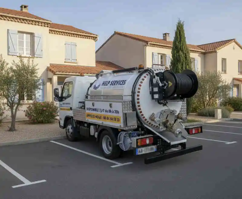 Camion hydrocureur professionnel de débouchage canalisation à Narbonne stationné devant une maison